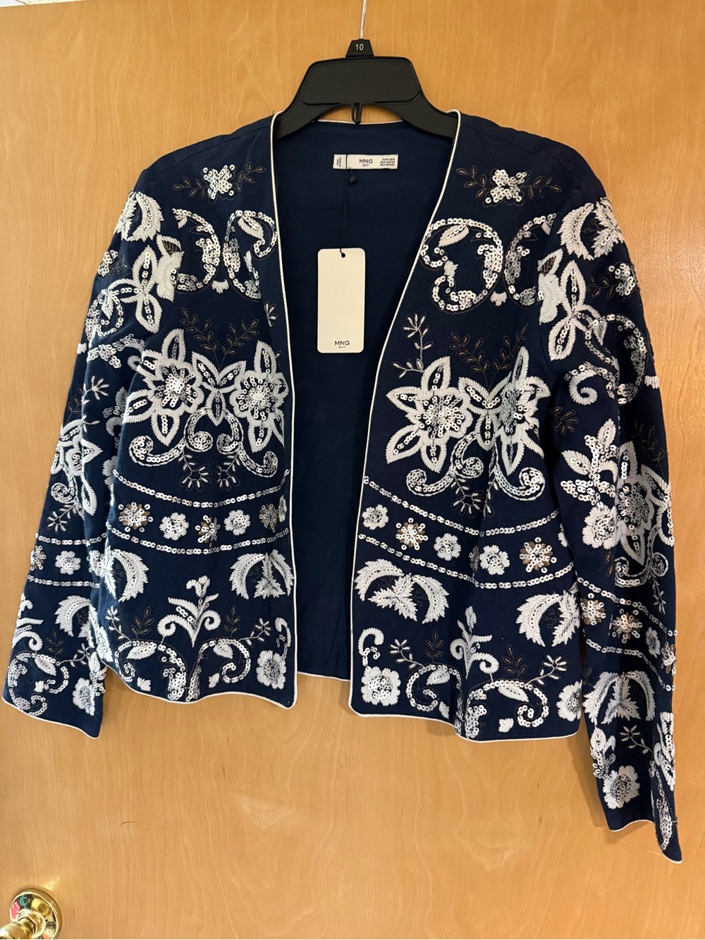 Mango Navy Blazer with White Floral Embroidery